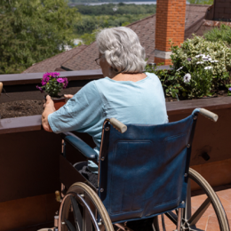 Senior woman in wheelchair gardening outdoors