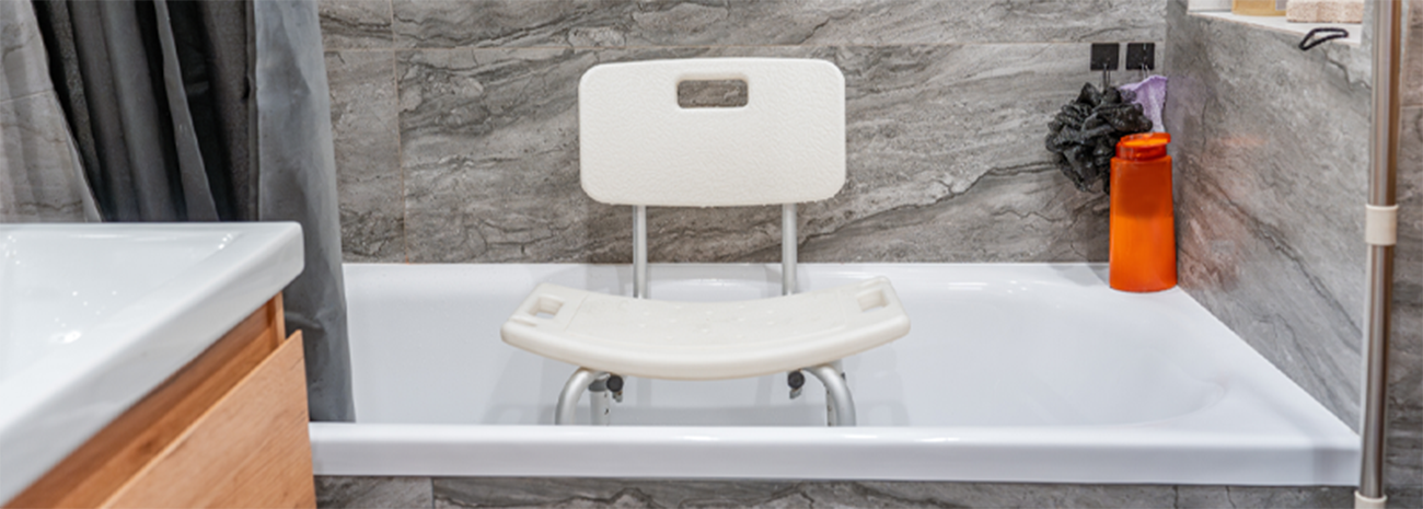 Bath transfer bench in a tub in a bathroom at someone's home